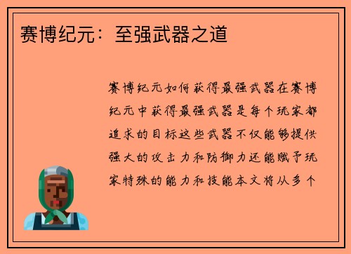 赛博纪元：至强武器之道